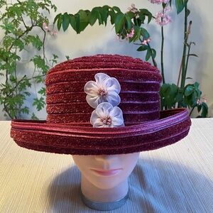 Elegant Burgundy Chenille Hat Women's Hat with Pink Floral Accents
